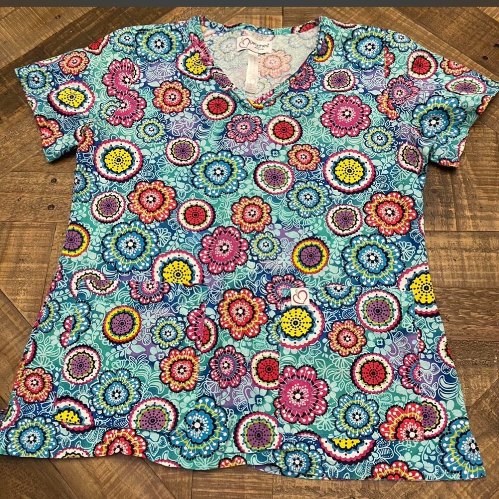 Peaches Uniforms Turquoise Multi Floral V-Neck Scrub Top